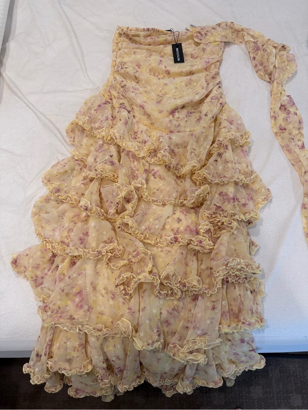 NWT Strapless Yellow Floral Tiered Ruffle Maxi Dress with Neck Scarf - Picture 6 of 6